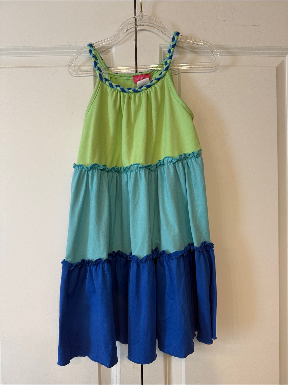 Zunie Girls' Tiered Colorblock Dress in Lime, Aqua & Royal Blue